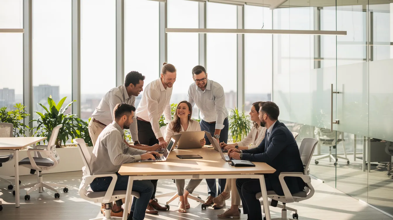 Une équipe diversifiée est réunie dans un espace de travail moderne et lumineux, collaborant de manière dynamique pour développer l'autonomie de ses collaborateurs. Chacun des membres prend des initiatives et participe activement à la prise de décision, favorisant ainsi un environnement propice à la créativité et à la satisfaction au travail.