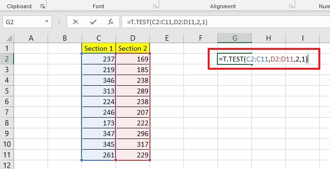 T-TEST function Example #1