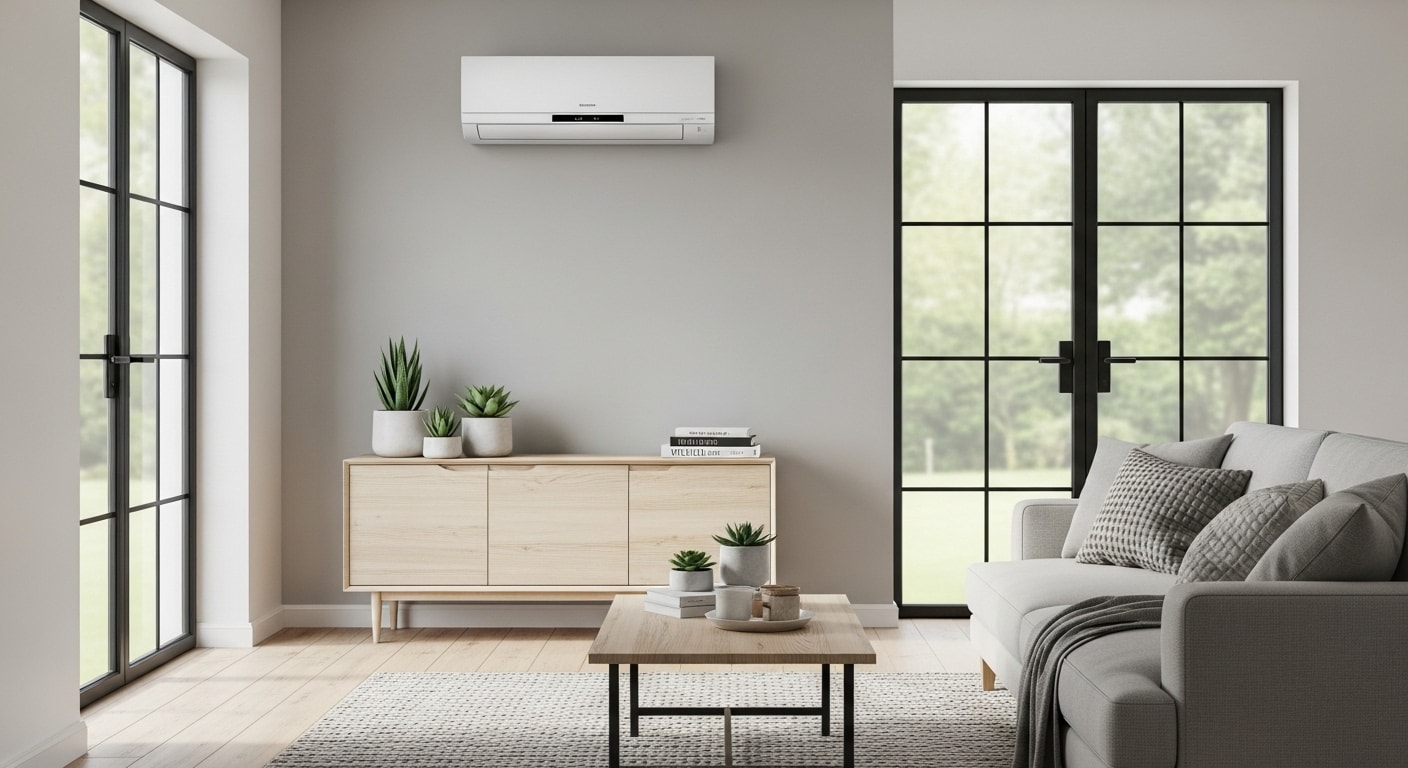 Väggmonterad luftkonditionering villa i vackert modernt vardagsrum