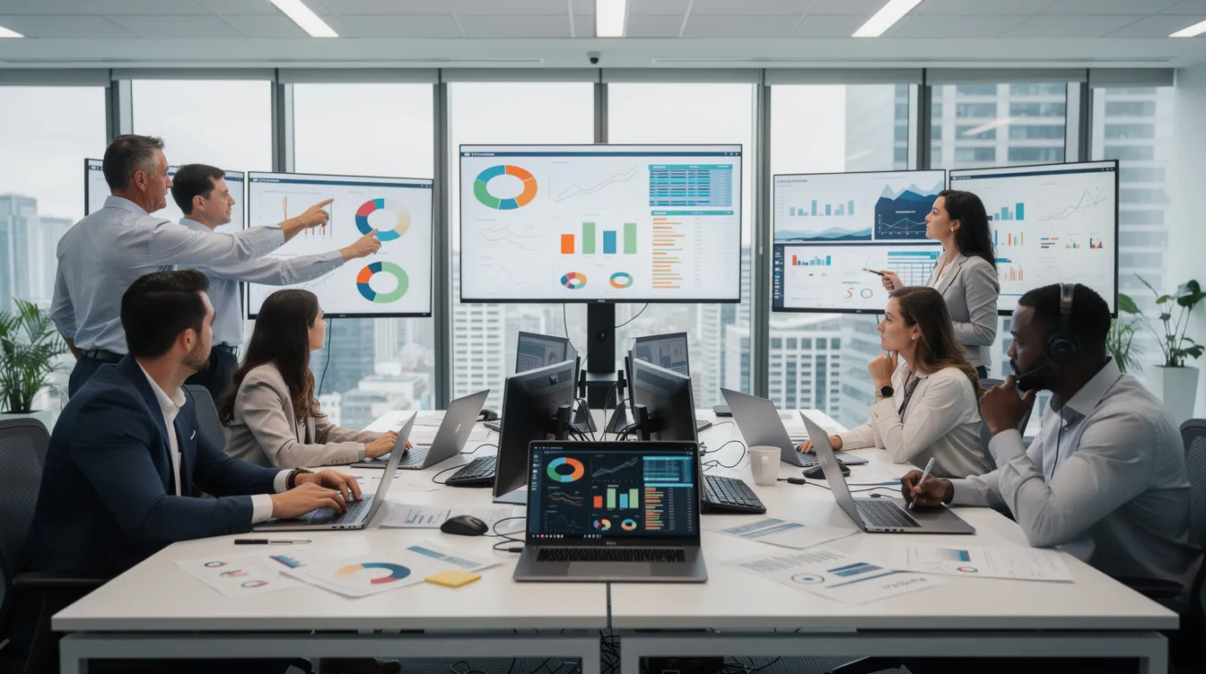 A team of analysts is collaborating in a fast-paced professional environment, utilizing their specialized knowledge and industry expertise to generate valuable insights. They are likely discussing market trends and strategies relevant to investment firms, showcasing the importance of expert network services in informed decision-making.