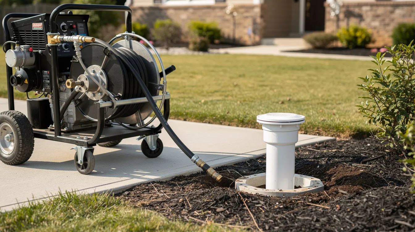 The image shows professional hydro jetting equipment positioned next to a residential cleanout, ready for use in maintaining the home's plumbing system. This equipment is essential for clearing clogged drains in cast iron sewer pipes and ensuring optimal water flow within the sewer line.