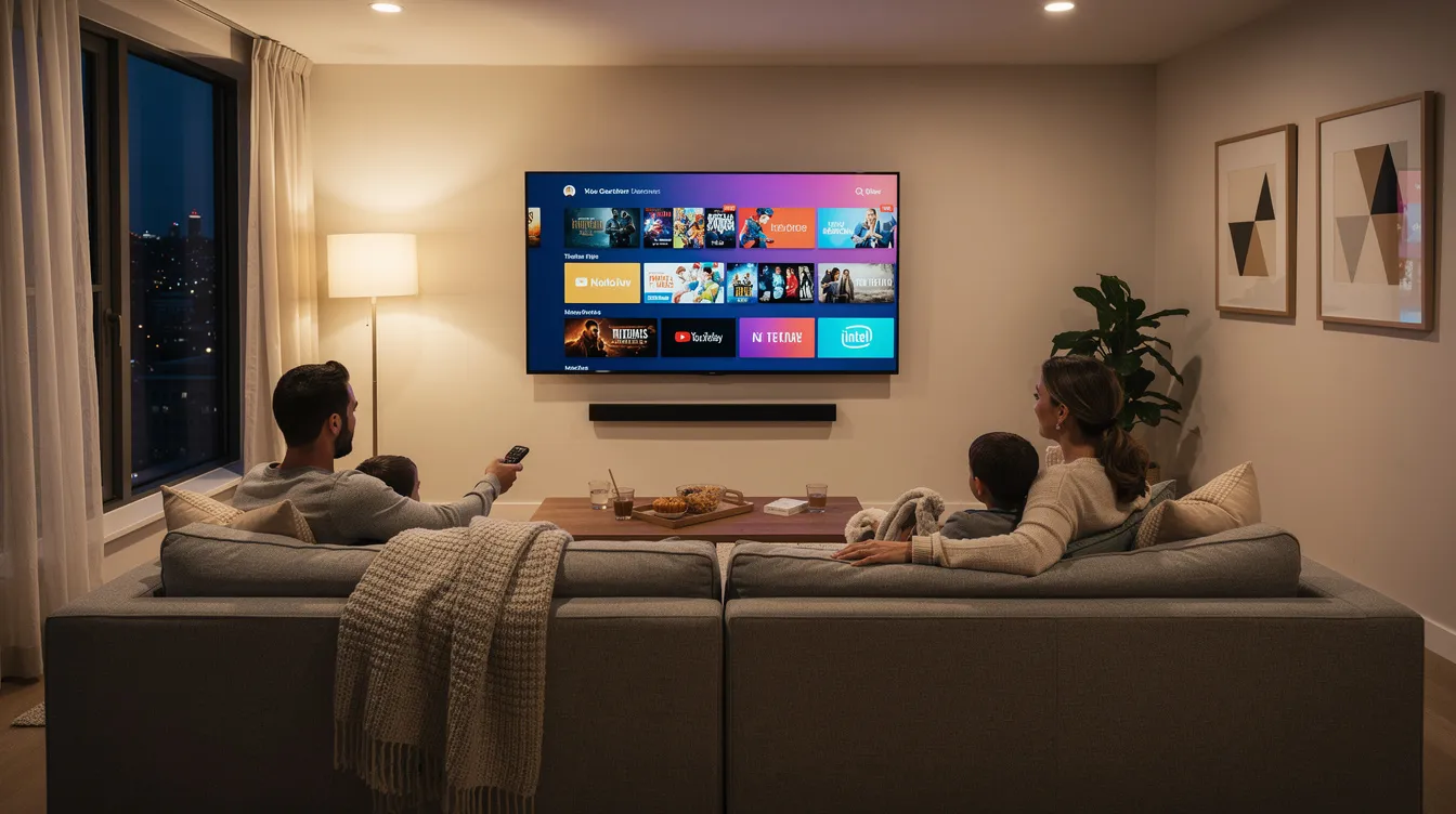 The image shows a modern living room featuring a large television with a vibrant streaming interface, while a family enjoys their time together on a comfortable couch. The scene highlights the convenience of internet protocol television (IPTV) as they likely watch live TV channels or stream movies and TV shows.