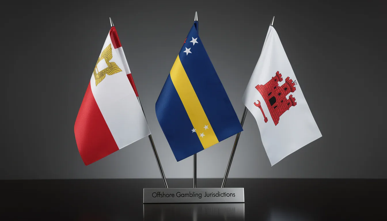 L'image montre les drapeaux internationaux de Malte, de Curaçao et de Gibraltar, symbolisant des juridictions de jeux d'argent hors de la régulation ARJEL. Ces pays sont souvent associés aux paris sportifs et aux bookmakers hors ARJEL, offrant une variété d'options pour les parieurs français.
