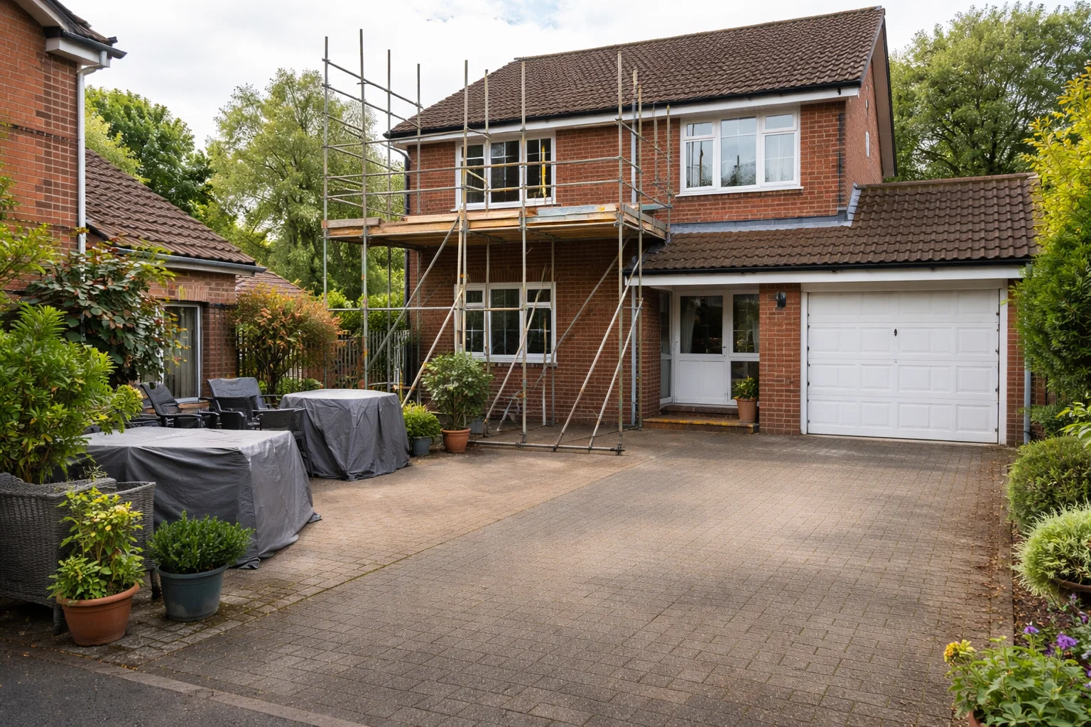 Preparing the outside of a home for roof replacement with garden and driveway cleared.