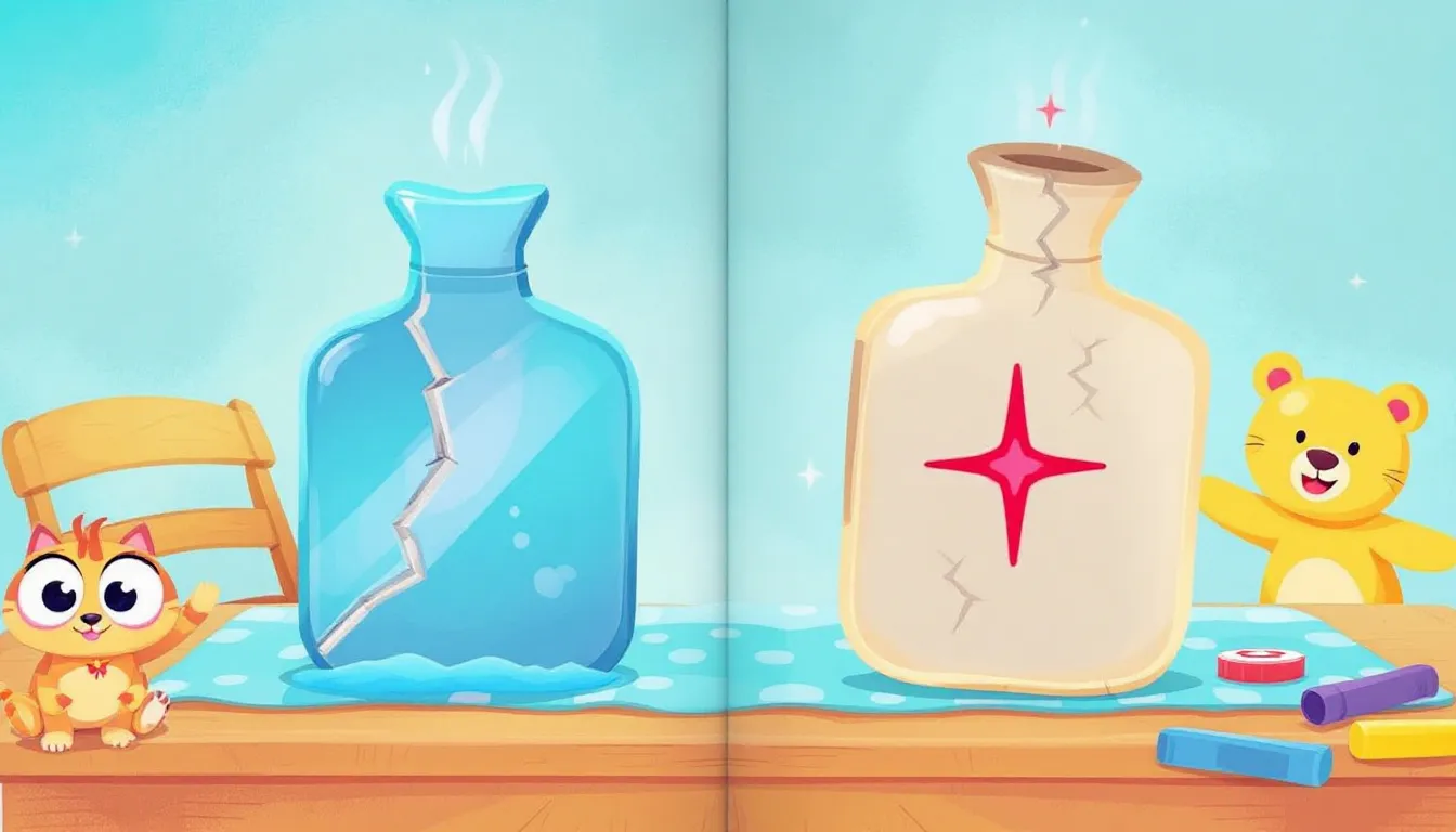 A well-maintained hot water bottle and a damaged one side by side, illustrating the importance of proper care.