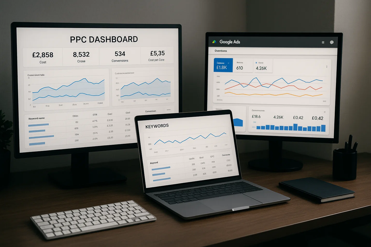 "Multiple computer screens displaying PPC dashboards, keyword data, and Google Ads campaign interface on a modern office desk, no people present."