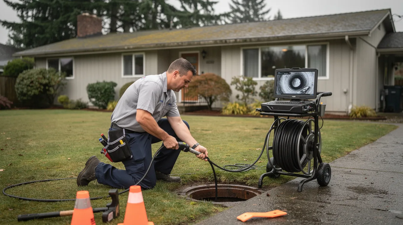 A plumber is inspecting the exterior of an older Bellevue home using a sewer camera, checking the condition of the cast iron sewer pipes. This routine maintenance is essential for identifying potential issues in the plumbing system, such as slow drainage or clogged drains, and ensuring the sewer line remains in optimal condition.