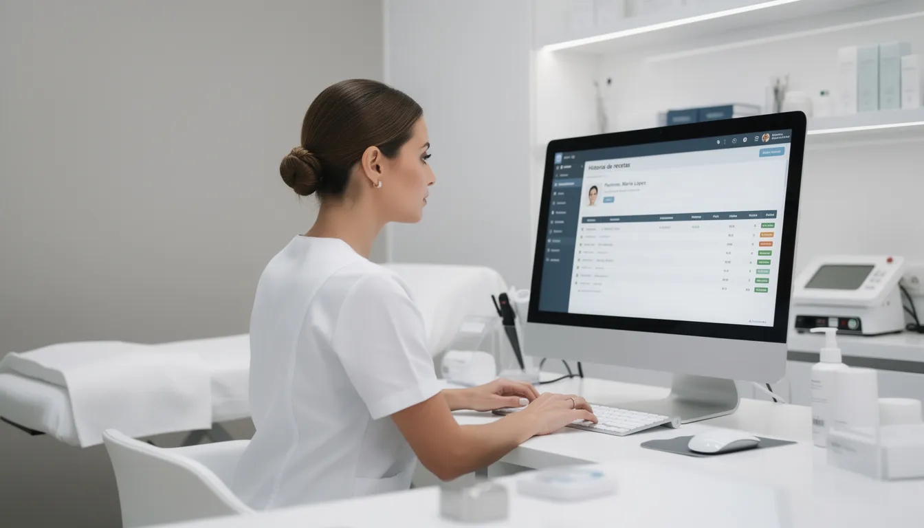 Un profesional de estética está consultando el historial de recetas médicas en una computadora dentro de una clínica moderna, revisando datos sobre medicamentos y tratamientos para pacientes. La pantalla muestra documentos relacionados con la prescripción y la dispensación de productos de salud.