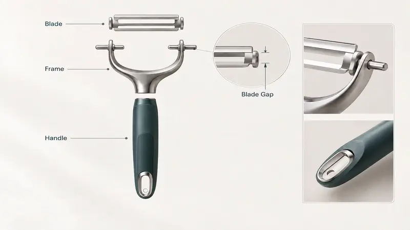 Exploded view of a Y peeler showing the blade, frame, blade gap, handle, and potato eye remover.