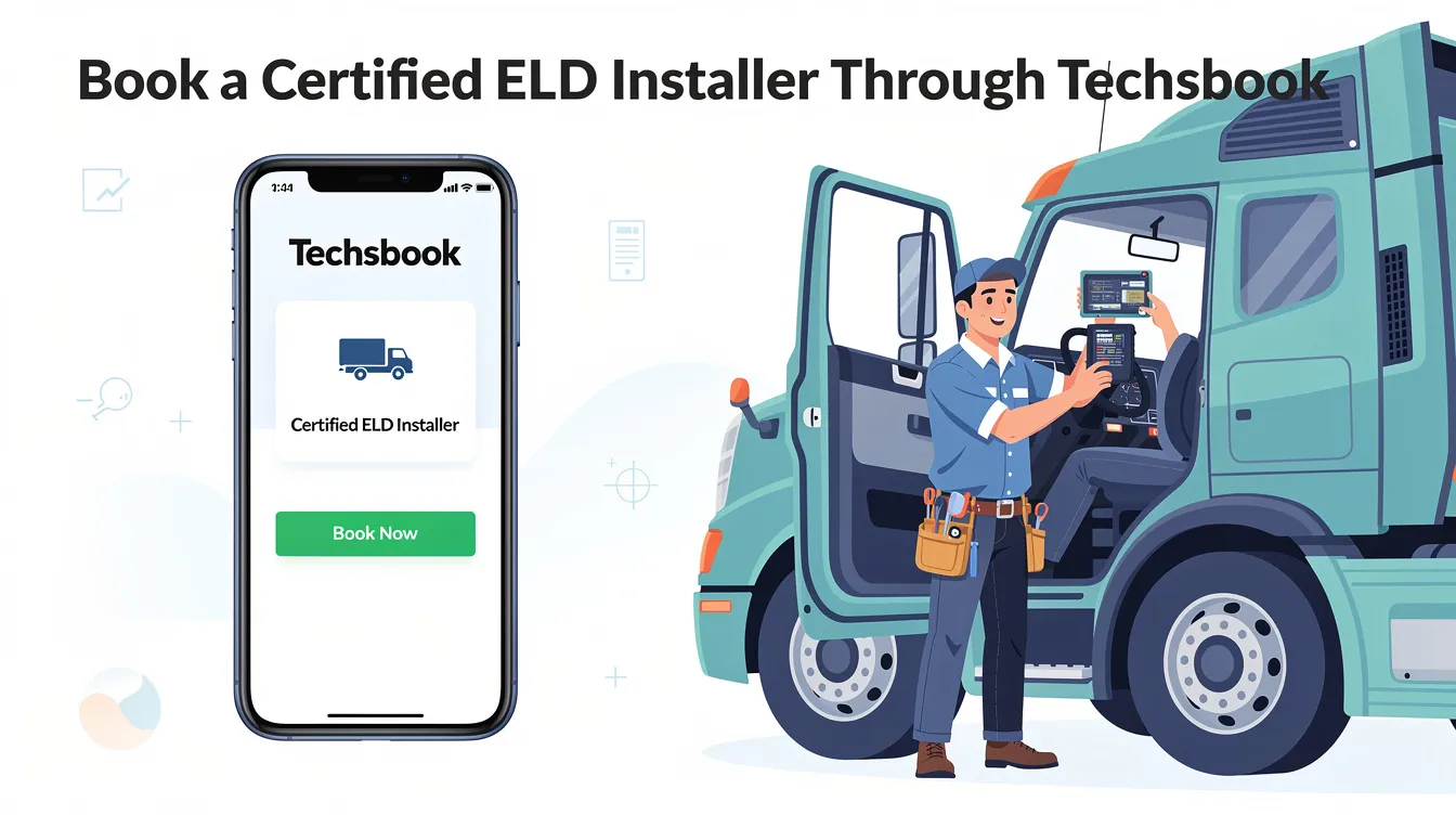 how to prepare your drivers for CVSA roadcheck: The image shows a webpage promoting the booking of certified ELD installers through Techsbook, emphasizing the importance of compliance with commercial vehicle safety alliance standards. It highlights how both the driver and the vehicle must adhere to hours of service regulations to avoid out of service violations during roadside inspections.