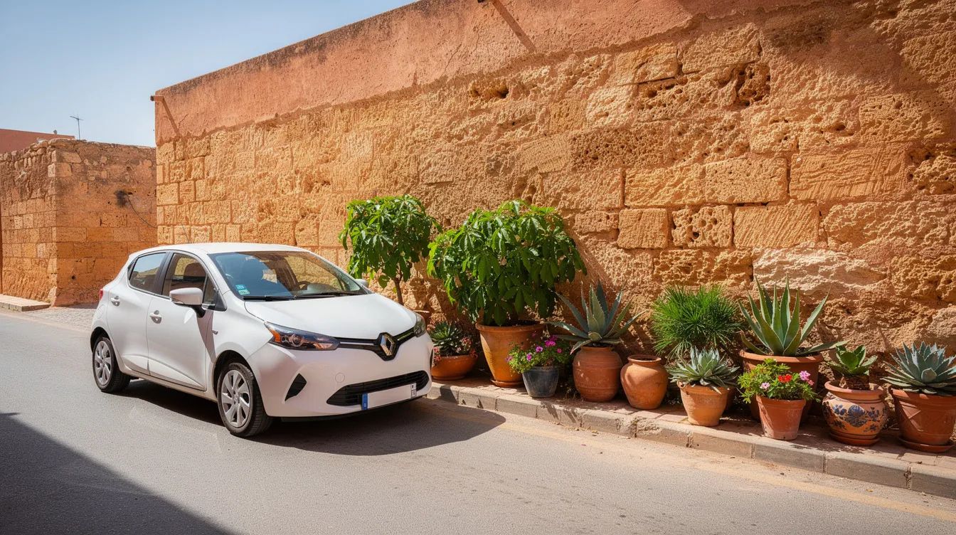 A small hatchback parked on a street beside a traditional stone wall in Essaouira.