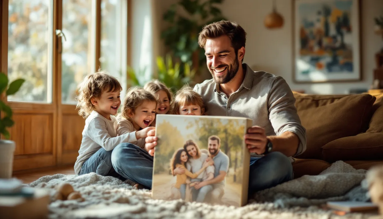 A smiling father opens a personalised father's day gift, revealing a canvas wall art featuring a cherished family photo, while his kids gather around him in a cozy living room filled with warm, natural light. The scene captures a joyful moment of togetherness, perfect for celebrating Father's Day.