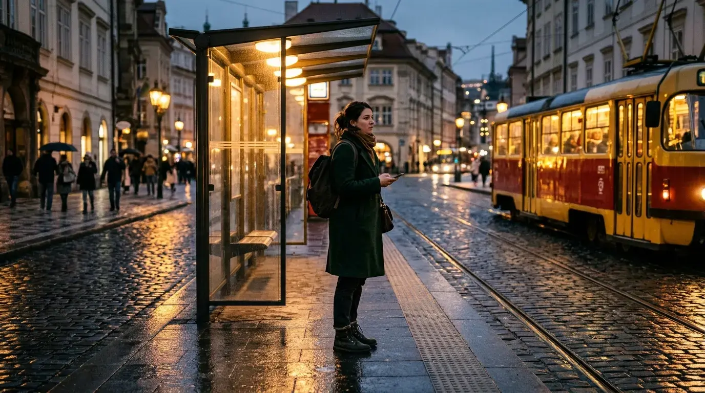 Tram on a city street in Central Europe near a student's new university