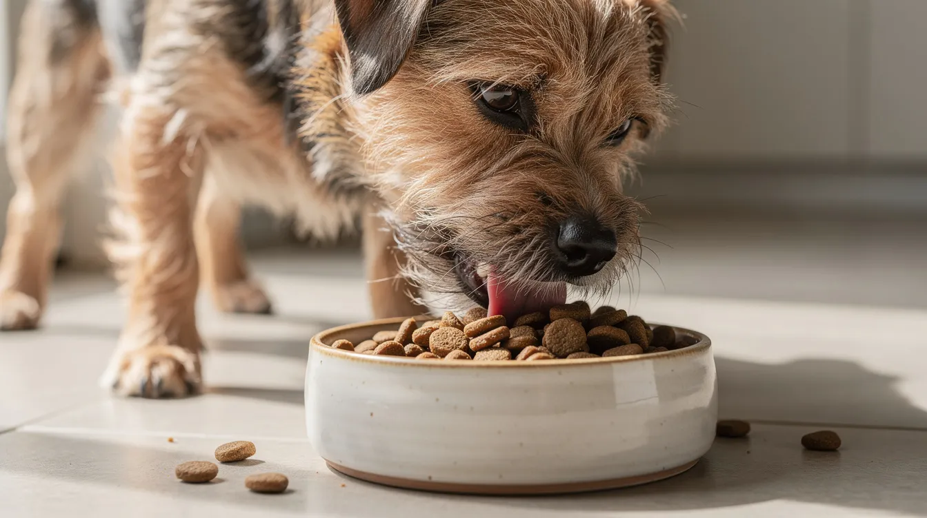 A border terrier is happily eating high-quality kibble from a dog bowl, showcasing its wiry outer coat and alert gaze. This small dog breed, known for its energetic nature and affectionate personality, enjoys its meal in a cozy setting.