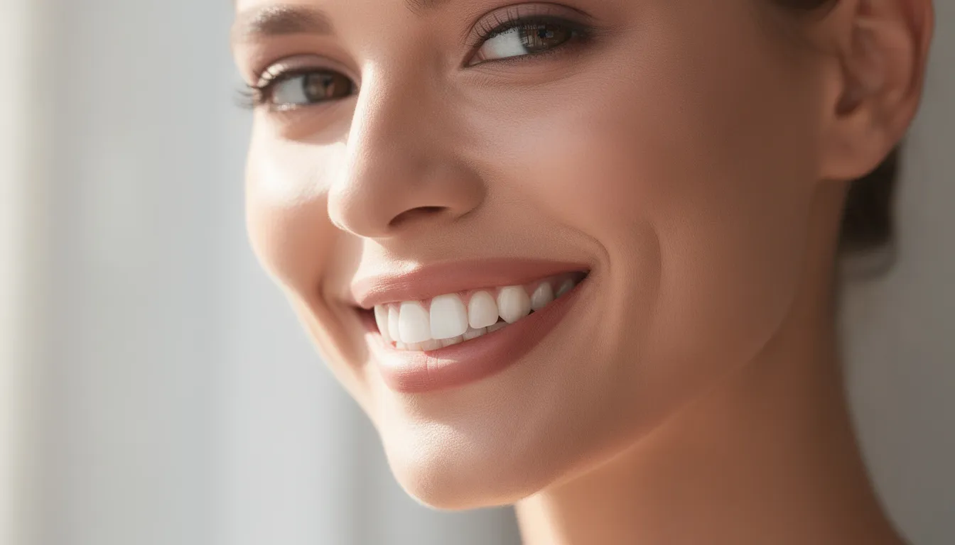 A person is smiling confidently, showcasing their bright, healthy teeth illuminated by natural lighting. This image highlights the results of cosmetic dentistry procedures, reflecting a beautiful smile and excellent oral health.