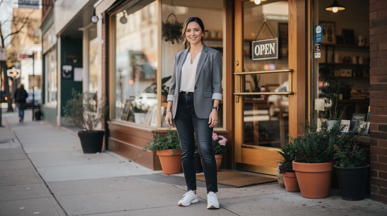 A confident woman stands proudly in front of her small storefront, showcasing an open sign that symbolizes her success in business ownership. She represents female entrepreneurs who inspire others in the community and strive for empowerment and progress in the world of commerce.