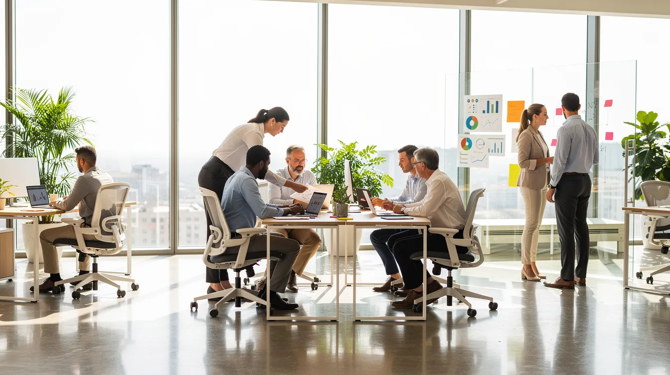 A diverse group of professionals is collaborating in a modern office workspace, discussing projects and sharing ideas. This setting reflects the dynamic nature of the UK immigration system, where skilled workers often engage in teamwork to navigate visa applications and meet the eligibility criteria for various visa categories.