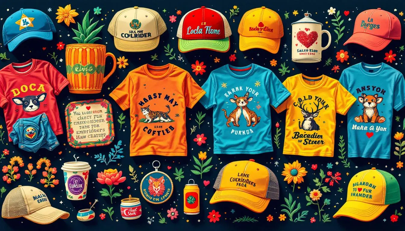 An array of custom embroidered products including t-shirts and hats offered by top embroidery shops.