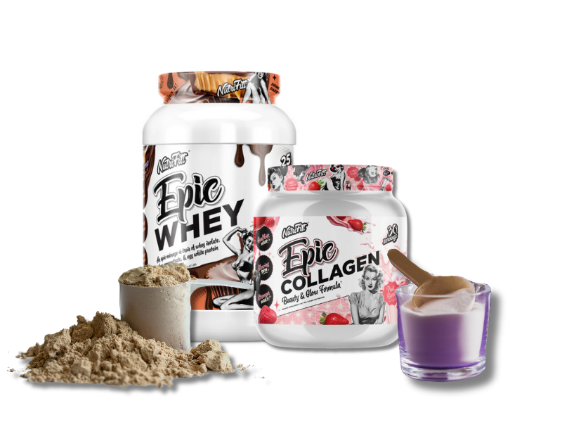 An image showing a protein shake with scoops of whey and collagen powder next to it.