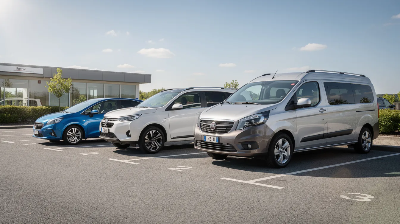 Une rangée de voitures de location de différentes catégories est alignée sur un parking ensoleillé, comprenant une citadine compacte, un SUV et un van, offrant ainsi une variété de choix pour les clients. Cette flotte diversifiée est idéale pour répondre aux besoins variés des locataires.