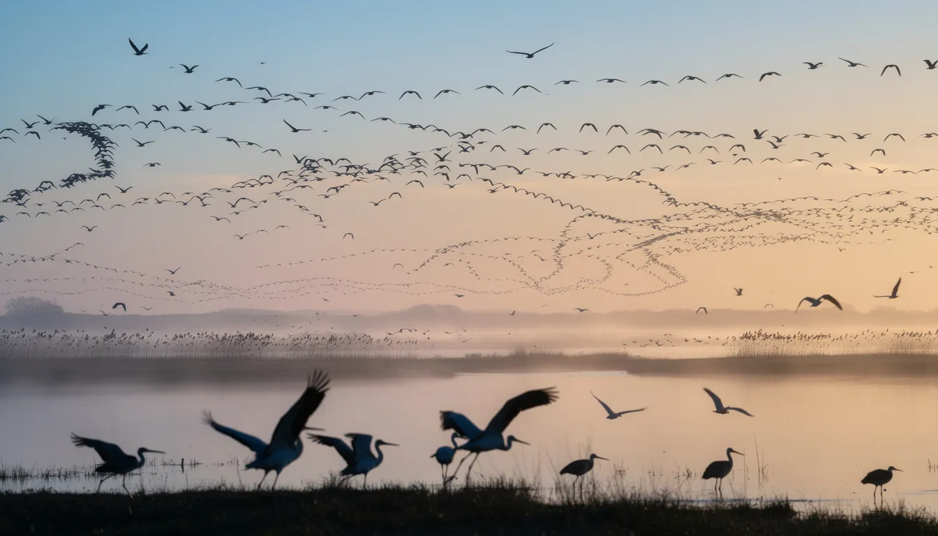 The image captures a vibrant scene of migratory bird species in flight over the Maasai Mara National Reserve during the rainy season, showcasing the rich birdlife that can be seen when you visit Kenya. This time of year offers excellent opportunities for wildlife viewing and is considered one of the best times to experience the annual migrations.