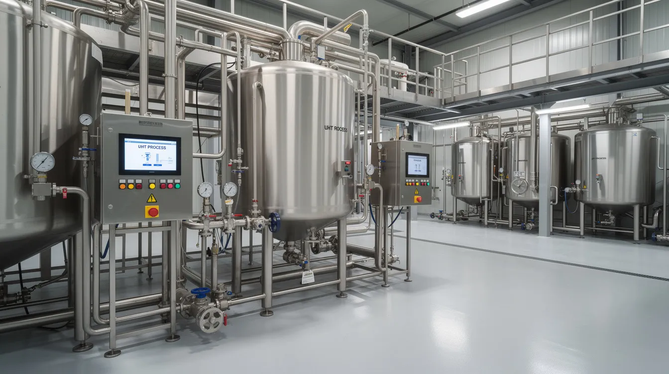 The image depicts industrial stainless steel homogenisers and UHT processing equipment within a dairy manufacturing plant, essential for producing high-quality protein beverages such as flavored milk drinks and whey protein isolate. This setup highlights the advanced production processes aimed at ensuring food safety, extending shelf life, and meeting the rising consumer demand for nutritious dairy products.