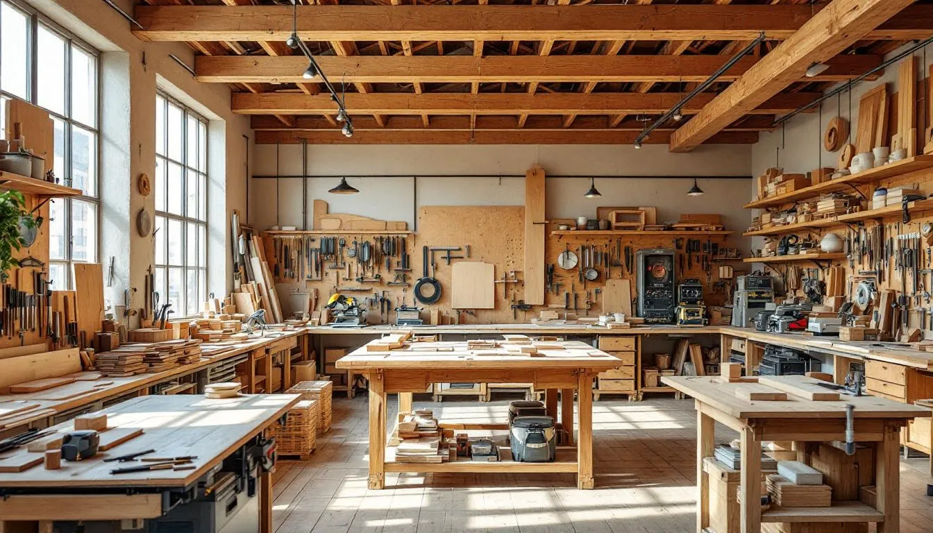 L'image montre un atelier de charpenterie à Nantes, rempli de poutres en bois et d'outils professionnels disposés sur des établis. L'espace évoque une ambiance de création et de savoir-faire, où des charpentiers expérimentés travaillent sur des projets de construction et de rénovation.