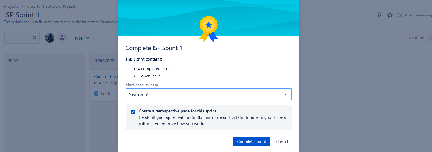 A screenshot of the complete sprint screen in Jira.