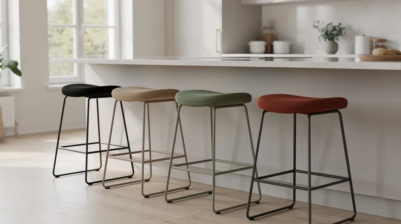Fyra barstolar i olika färger – svart, beige, mossgrön och terrakotta – står uppradade vid en ljus köksö. Dessa moderna barstolar erbjuder en stilren design och passar perfekt för att skapa en inbjudande atmosfär i köket.