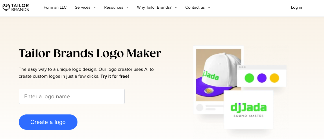 Tailor Brands Logo Maker homepage promoting its AI-powered logo creator tool with input field and sample branded mockups.