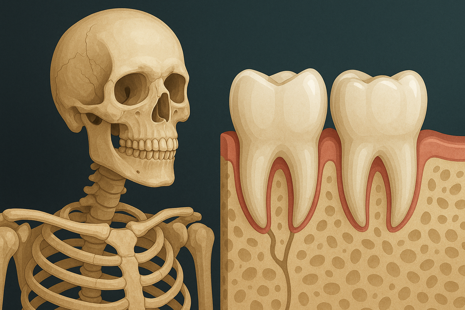 Skjelett og Tenner: Når Beinhelse Påvirker Munnhelsen 13 Illustrasjon av skjelett og tennenes plassering i kjevebenet som viser sammenhengen mellom beinhelse og munnhelse.
