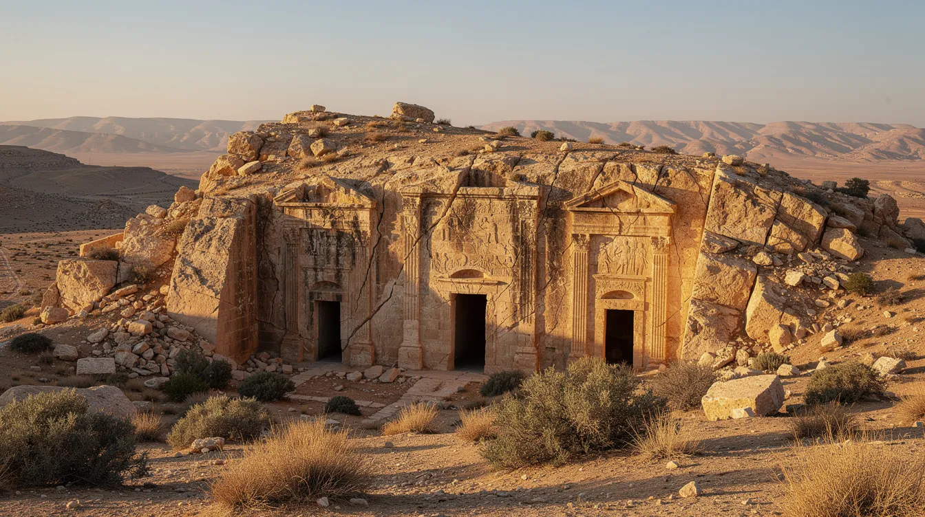 The image depicts ancient carved stone tombs embedded in a rocky hillside, surrounded by a dry Middle Eastern landscape, reminiscent of the burial practices during the time of the Sadducees and the Jewish community in ancient Israel. These tombs reflect the historical context of the religious sects, including the Sadducees, who held distinct beliefs about the afterlife and the written Torah.