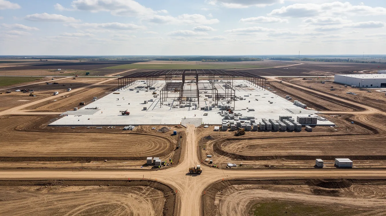 An aerial view shows a large warehouse construction site with exposed terrain and heavy equipment under an open sky.
