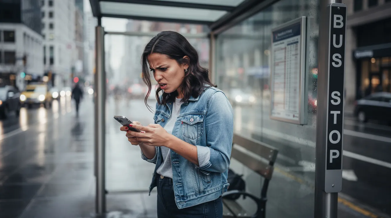 A woman stands at a bus stop, visibly angry as she looks at her cellphone screen, possibly frustrated by a message or notification related to online dating. Her expression suggests she may have encountered a warning sign or issue with a dating app or scam.