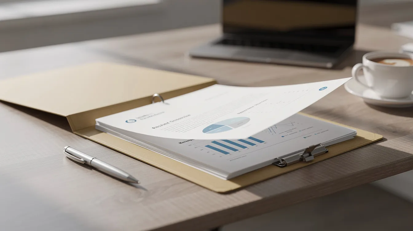 e413b609 dd9e 4790 b414 00a5b88612c5 The image shows a neatly organized file folder filled with various business documents on a desk, representing important aspects of business operations such as loan applications, including mudra loans and cash credit schemes. This setup serves as a reference point for managing funding and employment creation in micro enterprises.