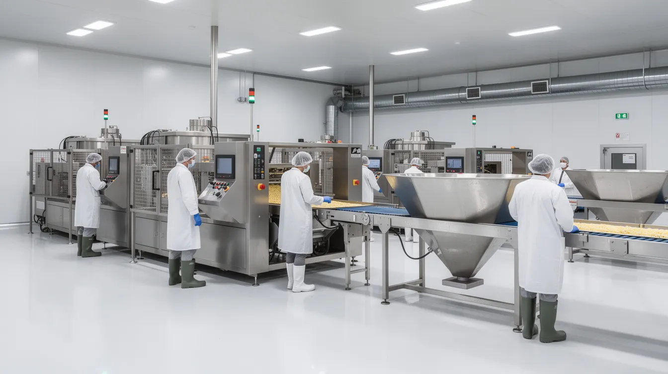 e414fb64 832e 4e71 8b29 a6ea65251285 The image depicts the interior of a clean food processing facility where workers are actively operating large industrial machines used in the poha manufacturing process. The environment is organized and efficient, showcasing the essential aspects of the food processing industry, including the handling of raw materials like rice flakes and the overall manufacturing unit layout.