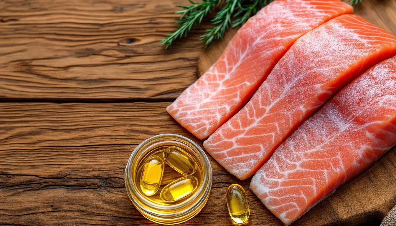 The image features fresh salmon alongside fish oil capsules, both displayed on a wooden surface, highlighting their potential benefits for joint health and support. These items are often included in dietary supplements aimed at promoting joint comfort and reducing inflammation, making them popular choices for those seeking to relieve joint pain.