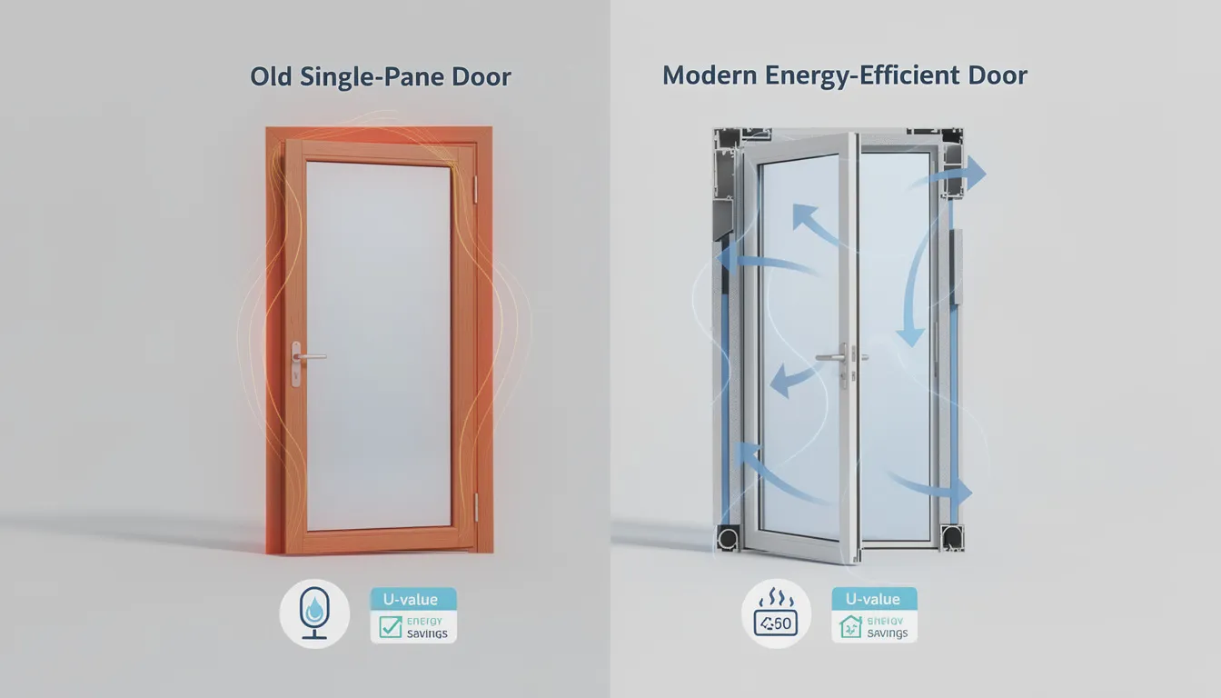 The image depicts a side-by-side comparison of an outdated single-pane front door with peeling paint and visible wear, alongside a modern energy-efficient door featuring insulated glass. This contrast highlights the benefits of door replacement, showcasing how a new front door can enhance a home's curb appeal and energy efficiency while addressing common issues like poor insulation and air leaks.