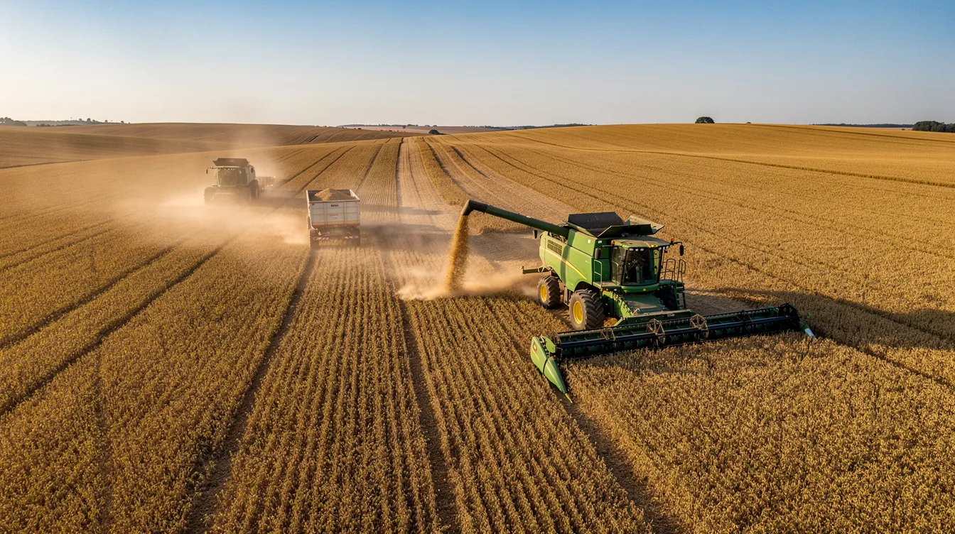 e4197e89 bf56 45be adbd 2ff35a737a7c The image depicts a large agricultural field where soybeans are being harvested using machinery under a clear blue sky. This scene highlights the vital role of soybeans in the soybean processing industry, which includes oil extraction and the production of soybean meal for animal feed.