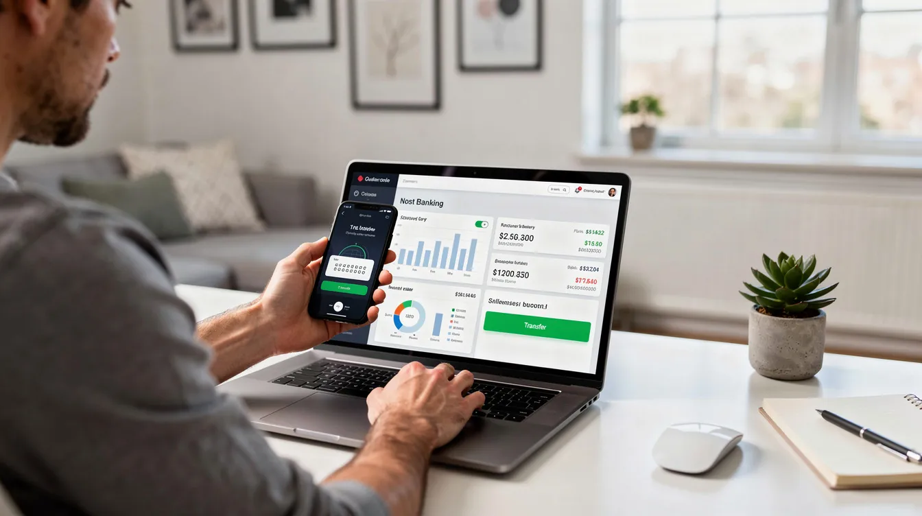 The image depicts a person sitting at a modern desk, engaged in digital banking activities using both a laptop and a smartphone. This setup illustrates the convenience of managing an allied bank roshan digital account from the comfort of a home office, highlighting the ease of accessing banking services without the need to visit bank branches.