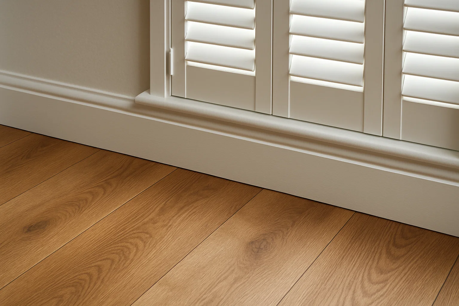 Wooden floor and coordinated wall colours with white plantation shutters in a UK home
