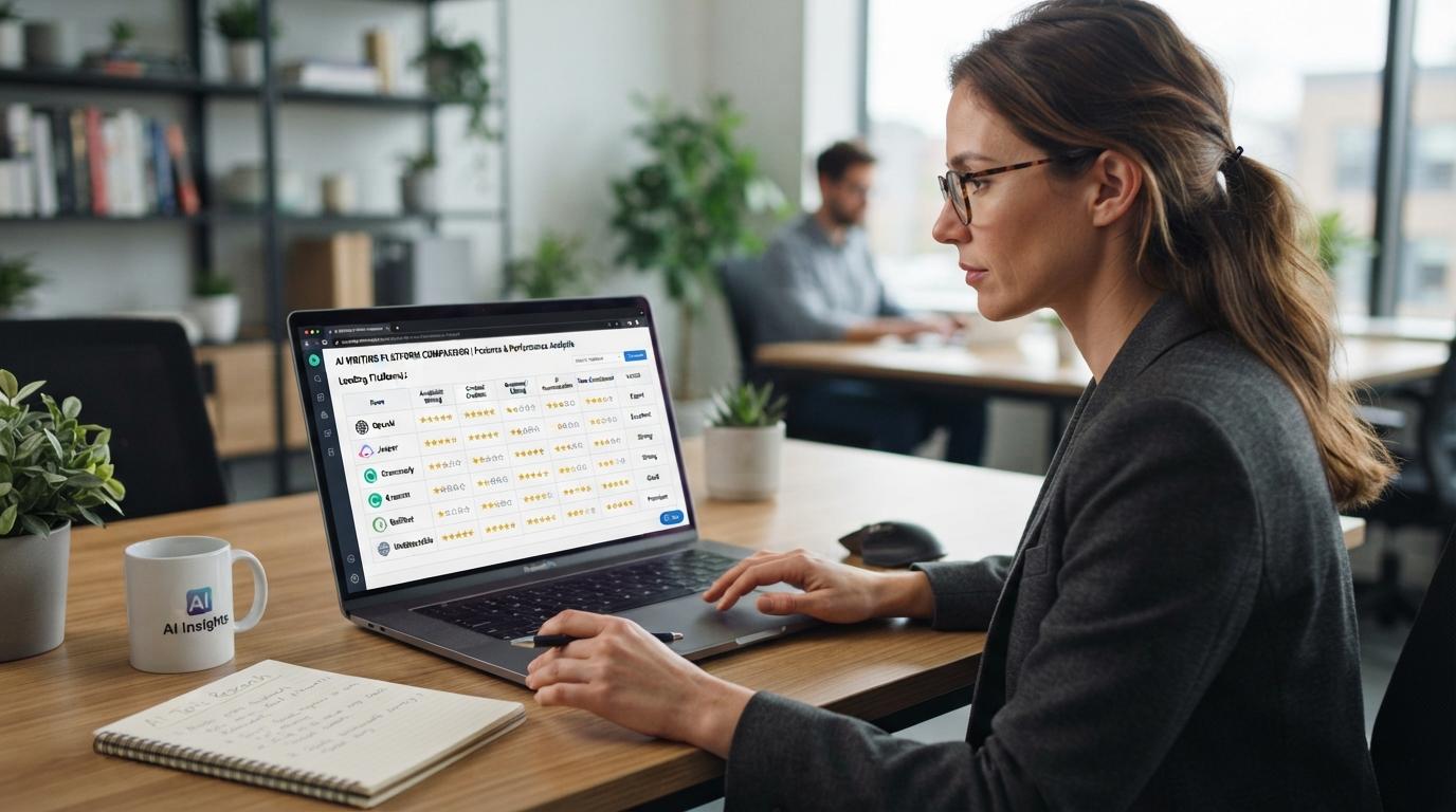Professional comparing multiple AI writing platforms on a laptop using a feature comparison dashboard for academic writing, content creation, grammar checking, and AI humanization