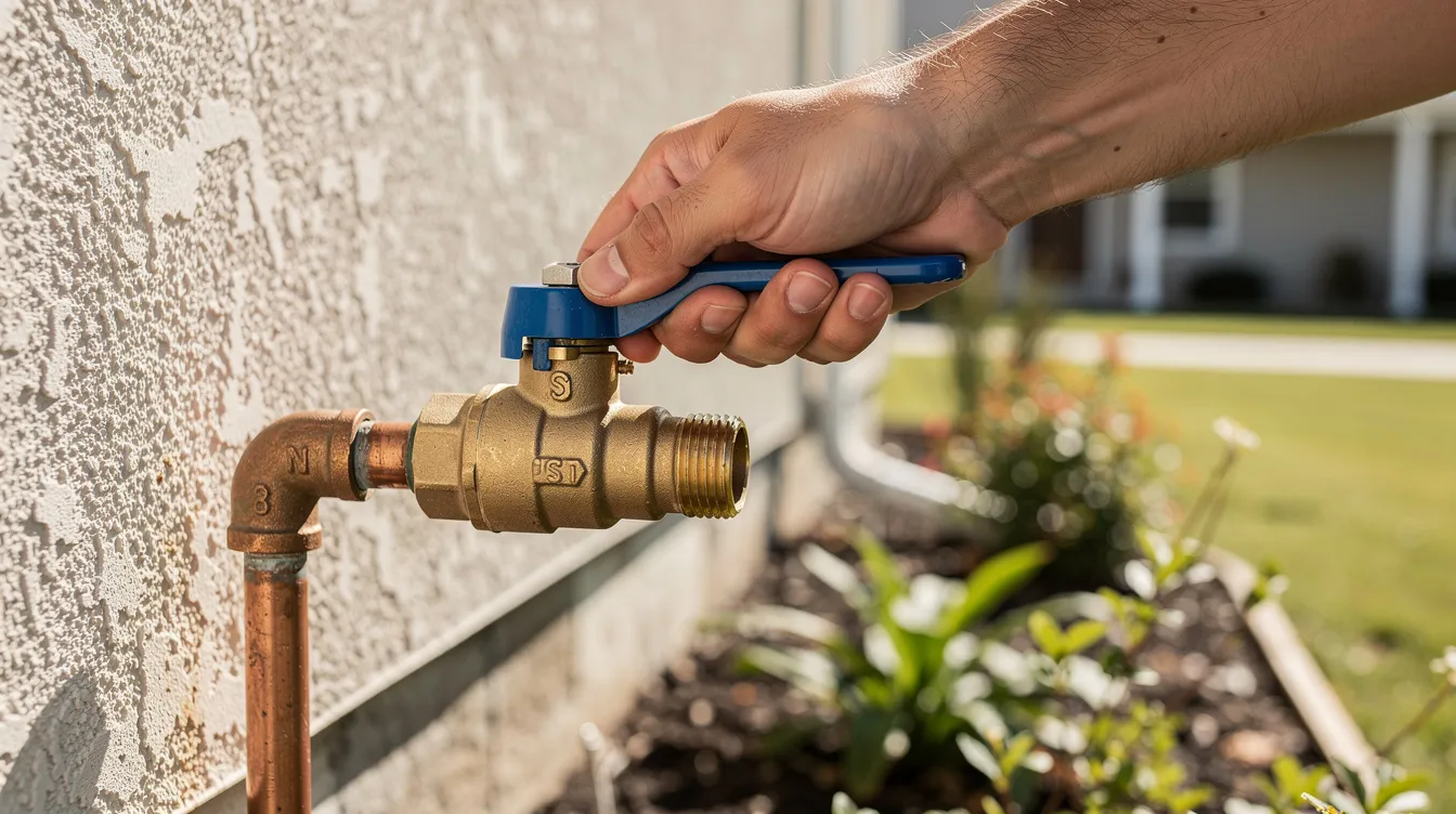 A hand is seen turning the residential main water shutoff valve located near the front of a home, illustrating the important process of plumbing maintenance and leak detection services. This action helps in managing water usage and can potentially save money on water bills by preventing leaks.
