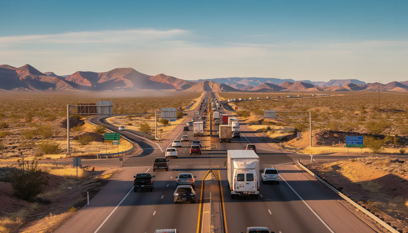 The image depicts a busy highway in New Mexico, surrounded by a vast desert landscape and majestic mountains in the background. The scene captures the essence of travel in a region where car accidents can lead to both immediate and delayed symptoms, highlighting the importance of seeking prompt medical attention for potential injuries.