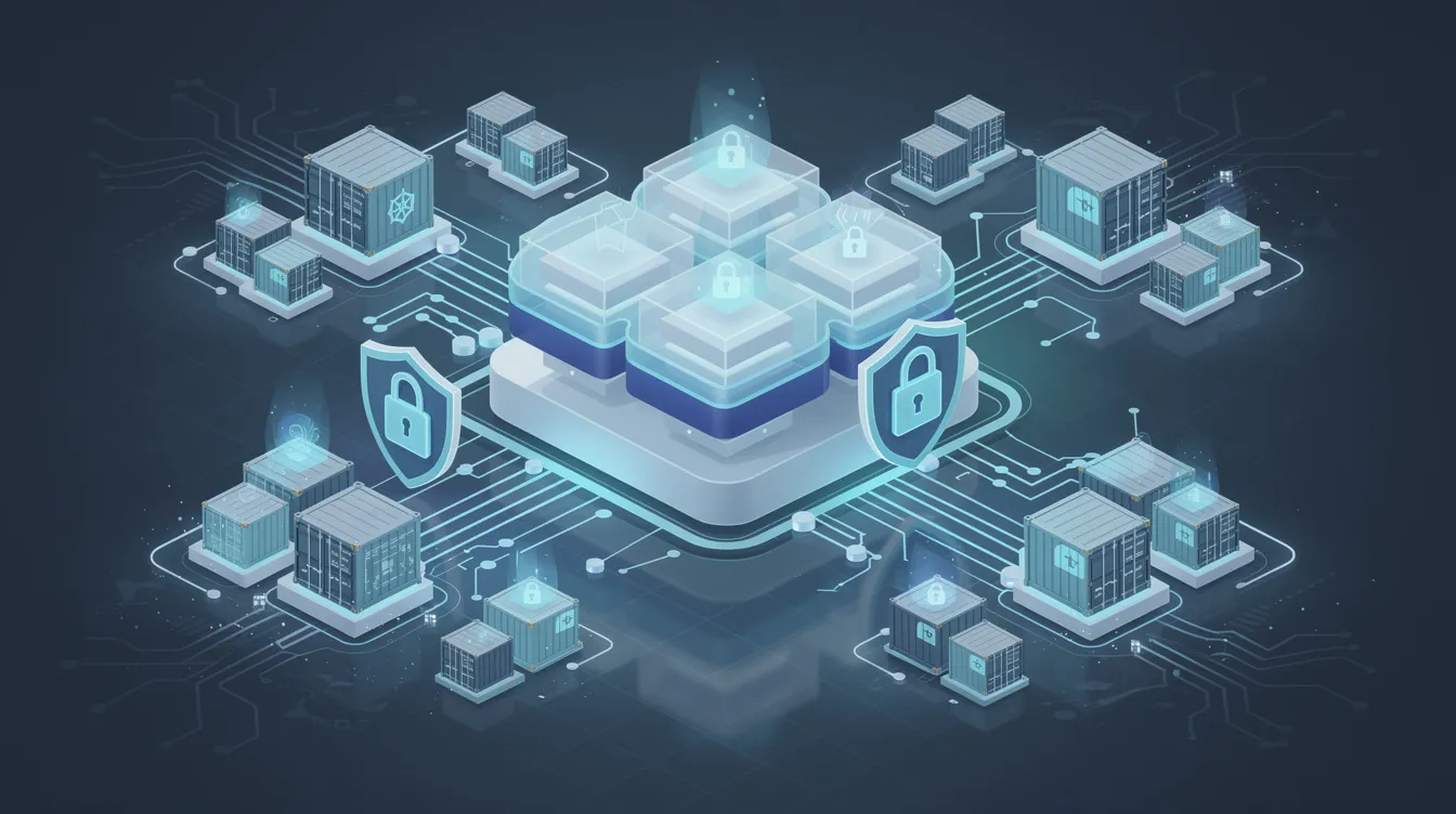 The image depicts an abstract representation of cloud infrastructure featuring container symbols and security shields, symbolizing the protection of developer environments against threats like compromised packages and malicious code. Elements such as npm tokens and GitHub actions are visually integrated, highlighting the importance of secure package management and development tools in modern software workflows.