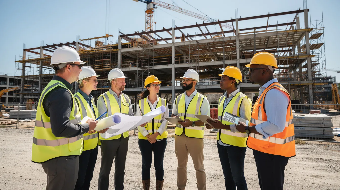 A group of construction leaders, all wearing hard hats, are gathered around a table on a job site, discussing project management principles and safety protocols. This meeting highlights the collaboration essential for successful construction projects, showcasing the leadership roles of construction superintendents and project managers in the construction industry.