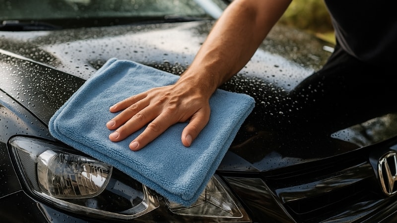 a car being cleaned with micro-fiber towel