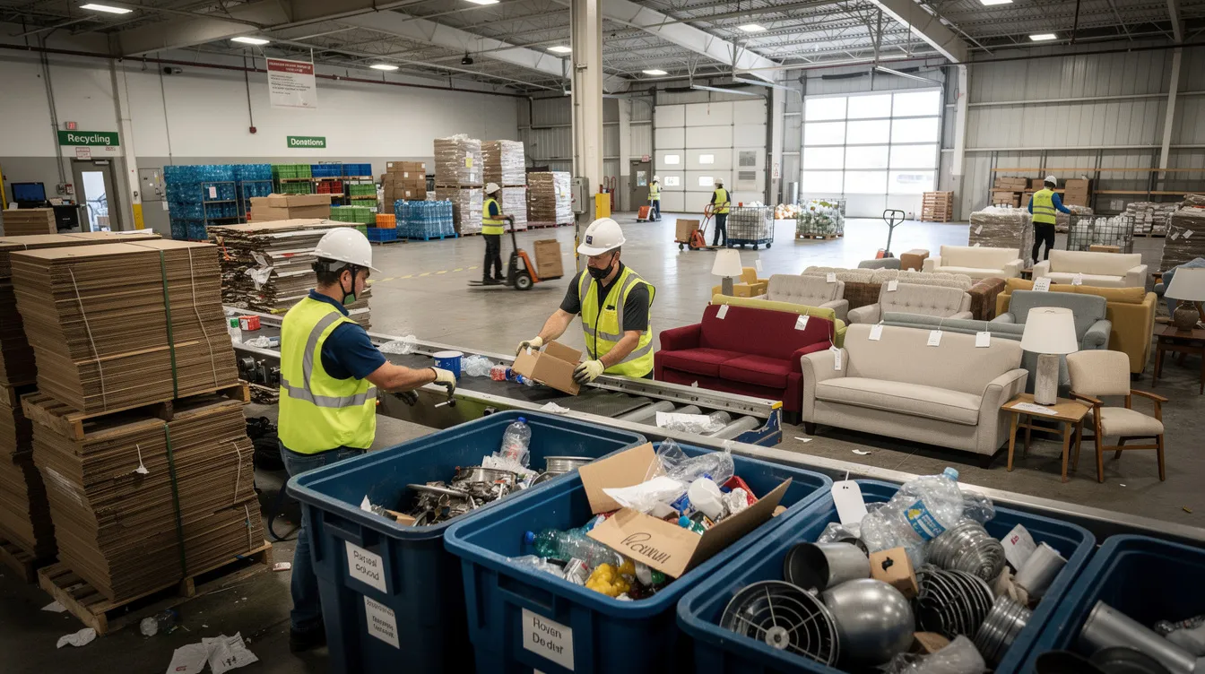The image shows a team of workers at a junk removal facility actively sorting through recyclable items and donatable furniture, ensuring unwanted items are disposed of responsibly. This scene highlights the commitment to creating a cleaner environment while providing professional junk removal services in Connecticut.