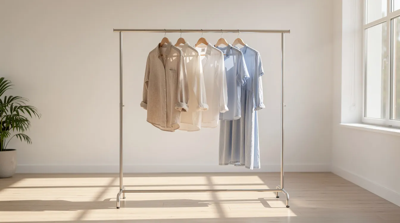 A minimalist clothing rack displays summer garments in neutral tones such as beige, white, and pale blue, all hanging in a sunlit room, perfect for showcasing everyday essentials during the summer sale. This stylish arrangement invites shoppers to explore incredible savings on selected lines and complete their wardrobe with fashionable pieces.
