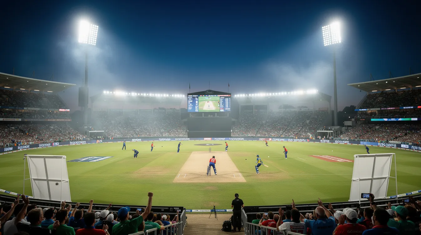 The image depicts a lively cricket stadium illuminated by floodlights during an evening match, with enthusiastic fans cheering and the players in action on the field. The atmosphere is electric, showcasing the excitement of sports betting and the thrill of live matches.